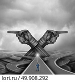 Crossroads concept of choice and choosing a right or left pathway or road to success as a confused businessman being advised to go into two directions with roads shaped as pointing hands with 3D illustration elements. Стоковое фото, агентство Ingram Publishing / Фотобанк Лори