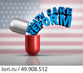 American health care reform and federal government medical insurance coverage symbol as an open pill capsule with text emerging out as a metaphor for national affordable medicine as a 3D illustration. Стоковое фото, агентство Ingram Publishing / Фотобанк Лори