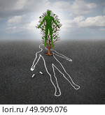 Life after death concept and afterlife symbol or renewal hope metaphor as a tree shaped as a human growing from an asphalt floor with a chalk drawing of a dead person in a 3D illustration style. Стоковое фото, агентство Ingram Publishing / Фотобанк Лори