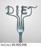Diet fork symbol as dinner utensil shaped as text representing dieting and nutrition or anorexia and bulimia eating disorder as a 3D illustration. Стоковое фото, агентство Ingram Publishing / Фотобанк Лори