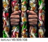 Alcohol addiction and trapped by alcoholism concept as the hands of a drunk prisoner holding a group of liquor bottles and glasses shaped as prison bars from a jail with 3D illustration elements. Стоковое фото, агентство Ingram Publishing / Фотобанк Лори
