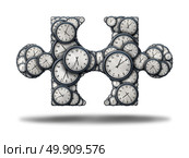 Time puzzle concept as a group of clock objects shaped as a jigsaw piece as a 3D illustration on a white background as a business symbol for schedule fit or assembling a work timeline solution. Стоковое фото, агентство Ingram Publishing / Фотобанк Лори
