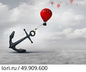 Held back metaphor as a large anchor holding or oppressing an air balloon and restricting movement as a suppression business metaphor  from aspiring to succeed with 3D illustration elements. Стоковое фото, агентство Ingram Publishing / Фотобанк Лори