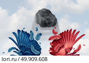 Kill two birds with one stone idiom concept of business efficiency and skilled productivity as a rock hitting two targets at once with parts of blue and red feathers and wings flying in the air as a metaphor for being effective in a 3D illustration style. Стоковое фото, агентство Ingram Publishing / Фотобанк Лори