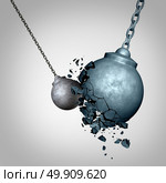 Small business winning and defeating a much larger opponent as a david and goliath metaphor with a tiny wrecking ball destroying a much larger sphere as a symbol for power and courage top win as a 3D illustration. Стоковое фото, агентство Ingram Publishing / Фотобанк Лори
