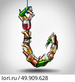 Alcohol hook and under the influence of alcoholic drinks as a group of bottles and glasses shaped as a fishing lure as a health and medical risk of addiction as a 3D illustration. Стоковое фото, агентство Ingram Publishing / Фотобанк Лори