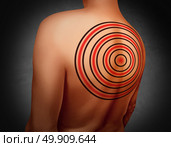 Target on your back metaphor as a person with a tattoo of a bulls eye symbol tattooed on the skin as an icon for being a victim of bullying and bullied or psychology of feeling vulnerable with 3D illustration elements. Стоковое фото, агентство Ingram Publishing / Фотобанк Лори