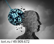 Tax pain and financial fees headache as text shaped as a wrecking ball damaging a human head made of concrete as a financial and business metaphor for budget debt management stress with 3D illustration elements. Стоковое фото, агентство Ingram Publishing / Фотобанк Лори