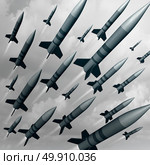 Missile weapon attack as a nuke or nuclear war threat concept as a group of ballistic bombs being launched for destruction as a 3D illustration concept. Стоковое фото, агентство Ingram Publishing / Фотобанк Лори