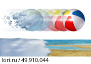 Cold to hot weather concept as a freezing winter snowball transforming into a summer beach ball as a season change or temperature changing metaphor with 3D illustration elements. Стоковое фото, агентство Ingram Publishing / Фотобанк Лори