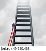 Startup entrepreneur and joining an established business market as a businessman climbing a small ladder to join a bigger one as a success metaphor with 3D illustration elements. Стоковое фото, агентство Ingram Publishing / Фотобанк Лори