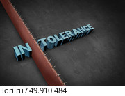 Intolerance and intolerant concept as a border wall dividing a word representing prejudice and discrimination as a 3D illustration. Стоковое фото, агентство Ingram Publishing / Фотобанк Лори