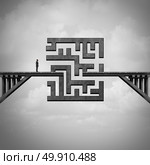 Concept of path challenge as a businessman on a bridge with a maze blocking the passage to the other side as a metaphor for solving adversity with 3D illustration elements. Стоковое фото, агентство Ingram Publishing / Фотобанк Лори