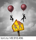 Escape a bad school education decline concept as a decaying student crossing traffic sign with a boy and girl icons leaving with balloons as a learning problem metaphor for changing academic system with 3D illustration elements. Стоковое фото, агентство Ingram Publishing / Фотобанк Лори