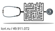 Solving healthcare and health care reform challenges as a doctor stethoscope shaped as a complicated maze as a medical and medicine insurance confusion or prescription medication crisis metaphor as a 3D illustration. Стоковое фото, агентство Ingram Publishing / Фотобанк Лори