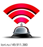 Wifi service or wi fi wireless communication and mobile broadband connection services as an internet wi-fi technology services symbol with a hospitality help bell as a 3D illustration. Стоковое фото, агентство Ingram Publishing / Фотобанк Лори