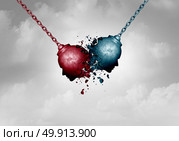 Conflict concept and clash of opponents symbol as two wrecking ball symbols shaped as a human head clashing together causing a destructive impact as a confrontation metaphor as a 3D illustration. Стоковое фото, агентство Ingram Publishing / Фотобанк Лори