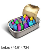 Packed like sardines idiom and over crowded metaphor as a crowd of diverse people icons inside a small can as a business or social and society issue for overpopulation or human services congestion with 3D illustration elements. Стоковое фото, агентство Ingram Publishing / Фотобанк Лори