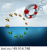 Saving the European union and Eu euro protection as a political and economic crisis insurance concept as a life buoy or saver saving the Europe flag stars with 3D illustration elements. Стоковое фото, агентство Ingram Publishing / Фотобанк Лори