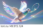 Ethereal white pigeon with crystal wings emitting kaleidoscopic light and visual melody in a boundless blue sky. Стоковое AI-изображение, AI-художник Андрей Бакусов / Фотобанк Лори