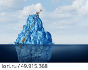 Managing business obstacles and controlling economic risk and challenges as a businessman on an iceberg with an oar navigating the danger away to prevent disaster or climate change idea with 3D illustration elements. Стоковое фото, агентство Ingram Publishing / Фотобанк Лори