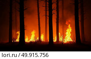 Intense nighttime forest fire illuminating tall trees with fiery flames and eerie glows. Стоковое AI-изображение, AI-художник Андрей Бакусов / Фотобанк Лори