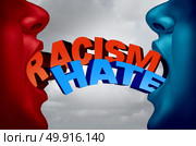 Racism and hate social issue as two racist people in a hate filled argument with text as a society current affair metaphor and symbol for racist intolerance for ethnic minorities with 3D illustration elements. Стоковое фото, агентство Ingram Publishing / Фотобанк Лори
