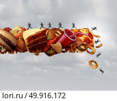 Junk food health risk nutrition concept as a group of people running and falling on a pile of high sugar sodium and cholesterol fat snacks as a diet metaphor for eating hazard with 3D illustration elements. Стоковое фото, агентство Ingram Publishing / Фотобанк Лори