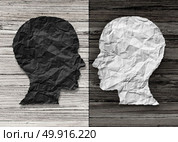 Bipolar mental health and brain disorder concept as a human head in paper divided in two colors as a neurological mood and emotion symbol or medical psychological metaphor for social behavior challenges in a 3D illustration style. Стоковое фото, агентство Ingram Publishing / Фотобанк Лори