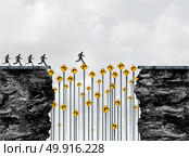 Opportunity bridge and leadership courage as a business person running on traffic signs bridging the gap to success with 3D illustration elements. Стоковое фото, агентство Ingram Publishing / Фотобанк Лори