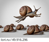 Concept of change and changing to better compete as a group of slow racing snails with one individual fast leader snail with running limbs as a business idea of innovation in a 3D illustration style. Стоковое фото, агентство Ingram Publishing / Фотобанк Лори