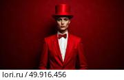 Striking portrait of a sophisticated individual in a tailored red suit with matching top hat and bow tie against a richly textured deep red background. Стоковое AI-изображение, AI-художник Андрей Бакусов / Фотобанк Лори