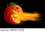 Pumpkin flames on a black background as demon fire blaze scary jack o lantern character in a side view breathing out hot burning torch as a halloween or horror symbol with 3D illustration elements. Стоковое фото, агентство Ingram Publishing / Фотобанк Лори