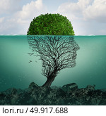 Polluted water contamination with hazardous industrial waste as a tree shaped as a human head underwater with the toxic liquid killing the plant with 3D illustration elements. Стоковое фото, агентство Ingram Publishing / Фотобанк Лори