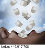Sugar eating concept as an unhealthy food ingredient as a person consuming refined white granulated cube snack as a health risk symbol in a 3D illustration style. Стоковое фото, агентство Ingram Publishing / Фотобанк Лори