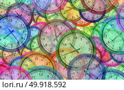 Time background with multiple clock symbols as a chronology and traveling pattern as a 3D illustration. Стоковое фото, агентство Ingram Publishing / Фотобанк Лори