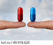 Red and blue pill choice as fingers holding medication capsules as a symbol of choosing between truth and illusion or knowledge or ignorance or pharmaceutical treatment option concept with a 3D render. Стоковое фото, агентство Ingram Publishing / Фотобанк Лори