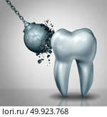 Strong tooth enamel and teeth strength dental or dentistry  symbol as awrecking ball being demolished by a solid white molar as a medicine concept as a 3D render. Стоковое фото, агентство Ingram Publishing / Фотобанк Лори
