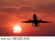 Silhouette of landing aircraft and red sky with sun. Landscape with passenger airplane is flying in the sky with clouds at sunset. Travel background. Passenger airliner. Commercial airplane. Business. Стоковое фото, агентство Ingram Publishing / Фотобанк Лори