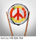 Peace in asia concept as a concept for a diplomatic agreement  in asian pacific countries as food with chop sticks shapes as a symbol with 3D illustration elements. Стоковое фото, агентство Ingram Publishing / Фотобанк Лори