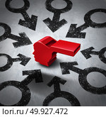Reporting sexual assault and workplace harassment as a whistle blower or whistleblower  with male symbols as a victim of peear sex abuse with 3D illustration elements. Стоковое фото, агентство Ingram Publishing / Фотобанк Лори