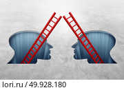 Reconciliation concept and accomodation symbol as two holes shaped as human heads with ladders meeting together as a psychology or business team as a 3D illustration. Стоковое фото, агентство Ingram Publishing / Фотобанк Лори
