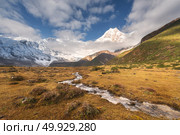 Beautiful landscape with high mountains with snow covered peaks, small river, yellow grass and cloudy sky at colorful sunrise. Mountain valley. Nepal. Amazing scene with Himalayan mountains. Nature. Mountains with snow covered peaks and small river. Стоковое фото, агентство Ingram Publishing / Фотобанк Лори
