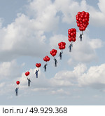 Business progress concept as a group of business people holding gradual increasing air balloons as a success metaphor with 3D illustration elements. Стоковое фото, агентство Ingram Publishing / Фотобанк Лори