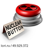Nuclear button war threat concept as an atomic bomb launcher on a desk as a dangerous missile launch symbol as a 3D illustration. Стоковое фото, агентство Ingram Publishing / Фотобанк Лори