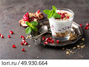 Chia pudding parfait with pomegranate, granola and light greek yogurt. Healthy eating. Стоковое фото, агентство Ingram Publishing / Фотобанк Лори