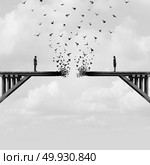 Divorce and separation as a couple on a broken fading bridge flying away as a divided relationship concept with 3D illustration elements. Стоковое фото, агентство Ingram Publishing / Фотобанк Лори