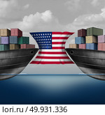 American trade restriction as a tariffs idea in the United states as two opposing cargo ships stopped by a flag over import and export duties concept as a 3D illustration. Стоковое фото, агентство Ingram Publishing / Фотобанк Лори