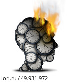 Burning time concept as a business stress idea with a human head made of clocks that is on fire as a corporate deadline pressure metaphor as a 3D illustration. Стоковое фото, агентство Ingram Publishing / Фотобанк Лори