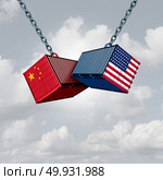 China USA trade war and American tariffs as two opposing cargo freight containers in conflict as an economic dispute over import and exports concept as a 3D illustration. Стоковое фото, агентство Ingram Publishing / Фотобанк Лори